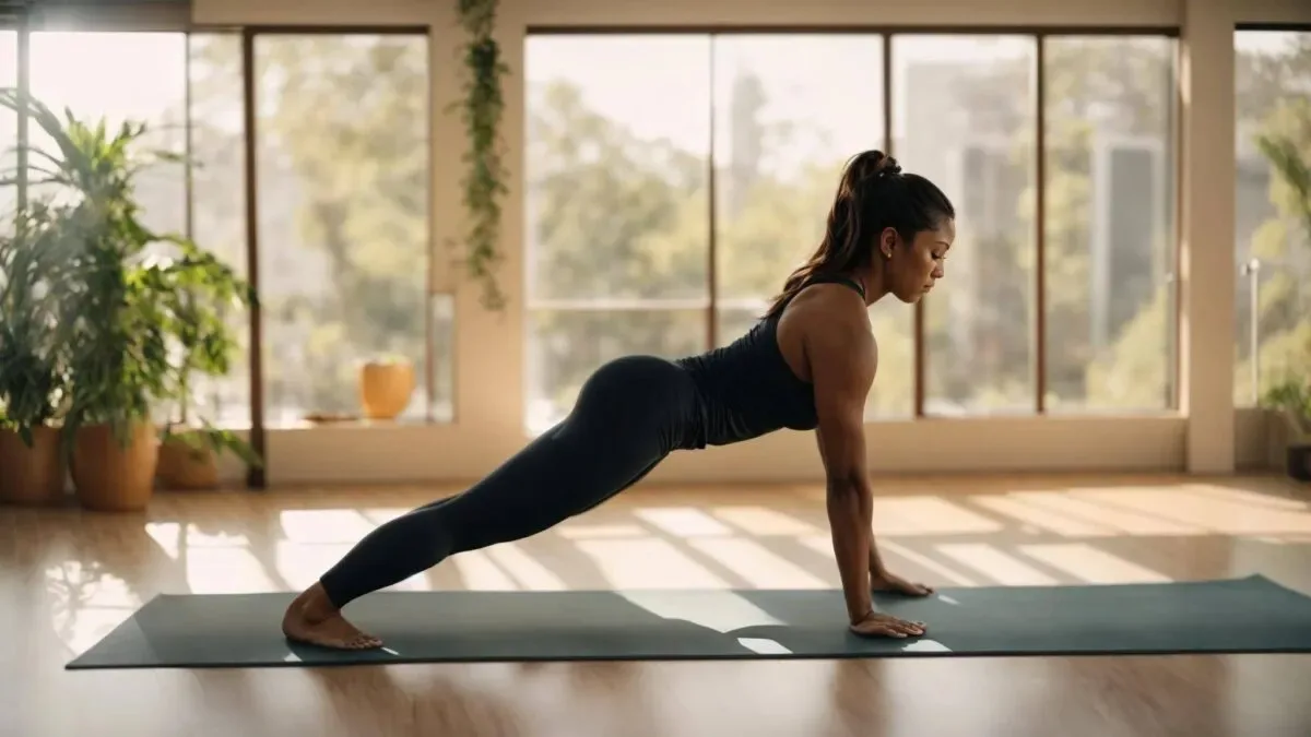 A serene yoga studio bathed in soft morning light, set up for psoas stretching exercises