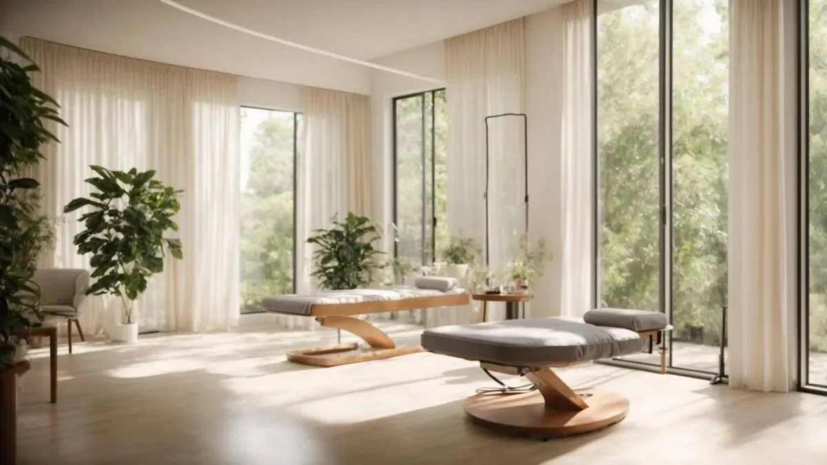 A serene therapy room set up softly for a restorative Constructive Rest Position session