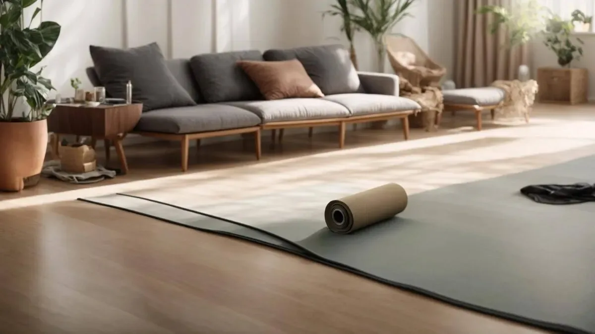 A serene living room filled with natural light, set up for at-home knee rehab exercises