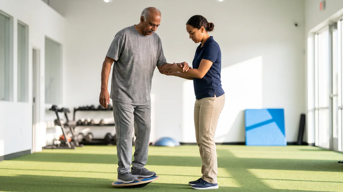 Person practicing single-leg balance on a balance board with assistance, a common ACL injury prevention exercise