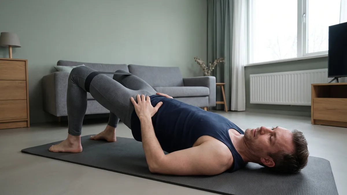 Person performing a glute bridge exercise on the floor at home