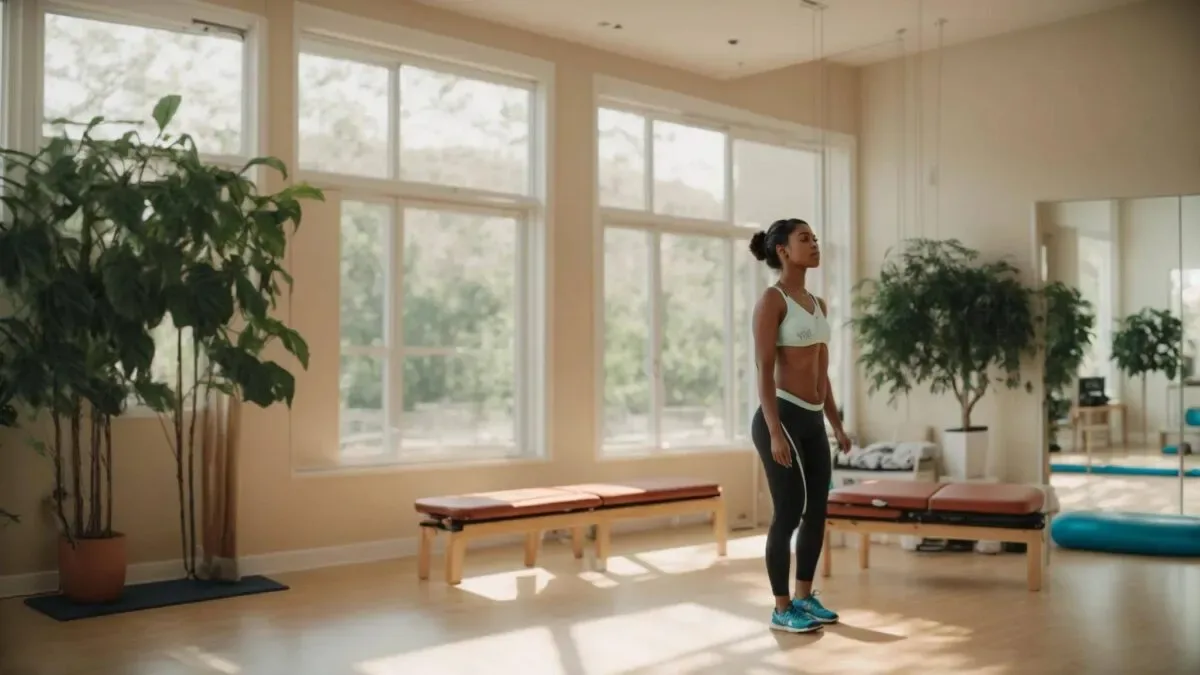 A patient engaged in a guided rehabilitation exercise during a therapy session