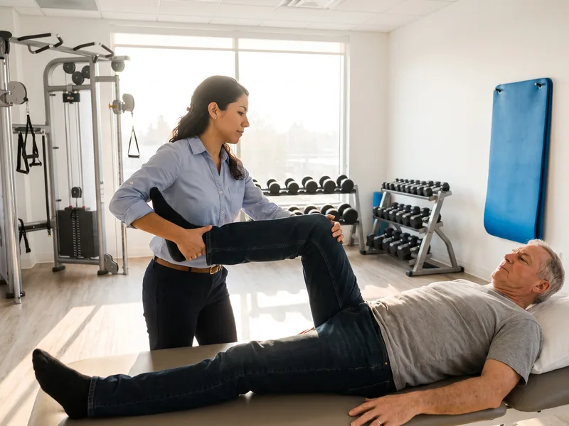 Physical therapist assessing a patient's hip flexion and mobility