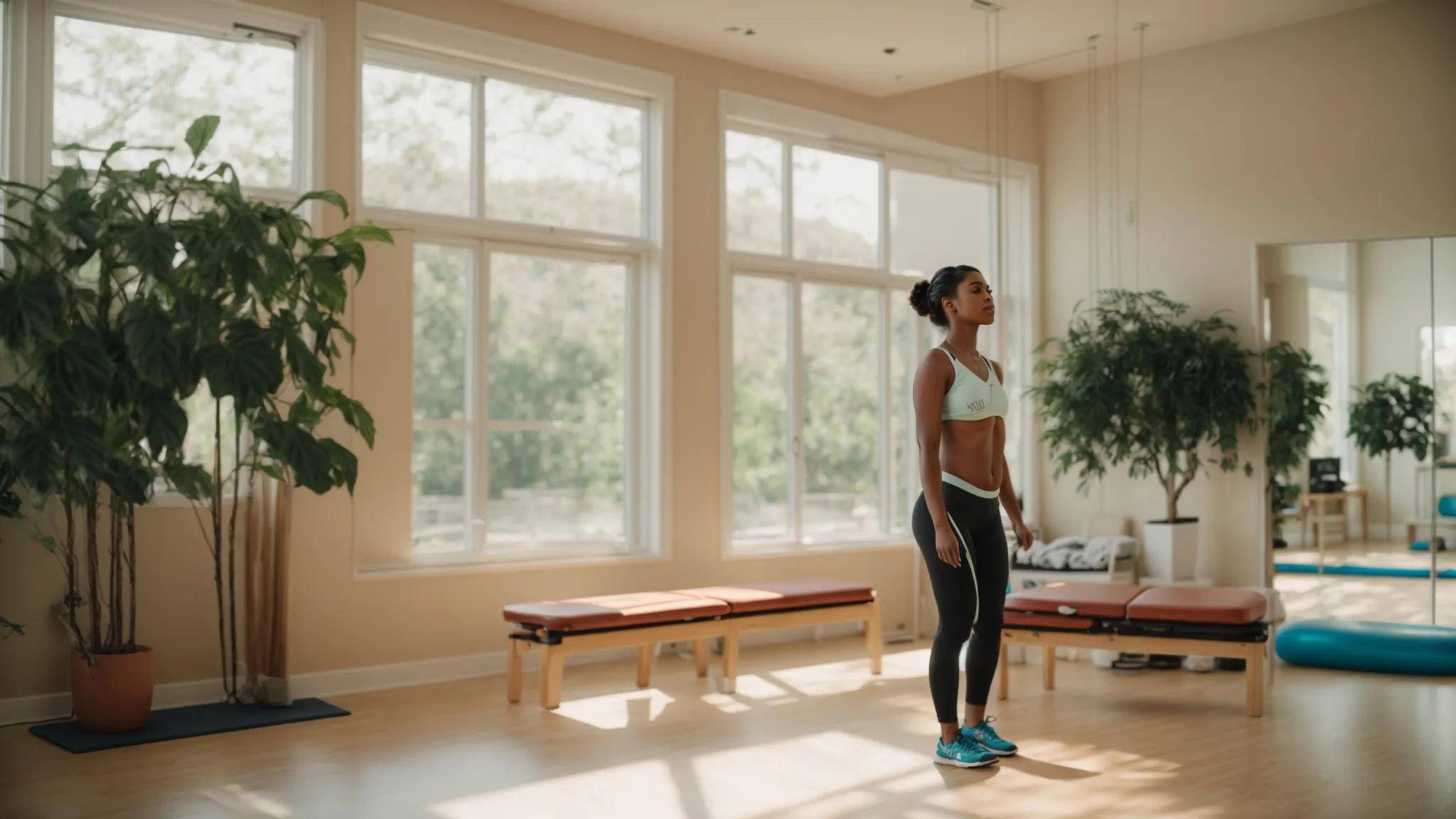 a determined patient engages in an empowering physical therapy session, surrounded by bright, inviting space that symbolizes growth and recovery.